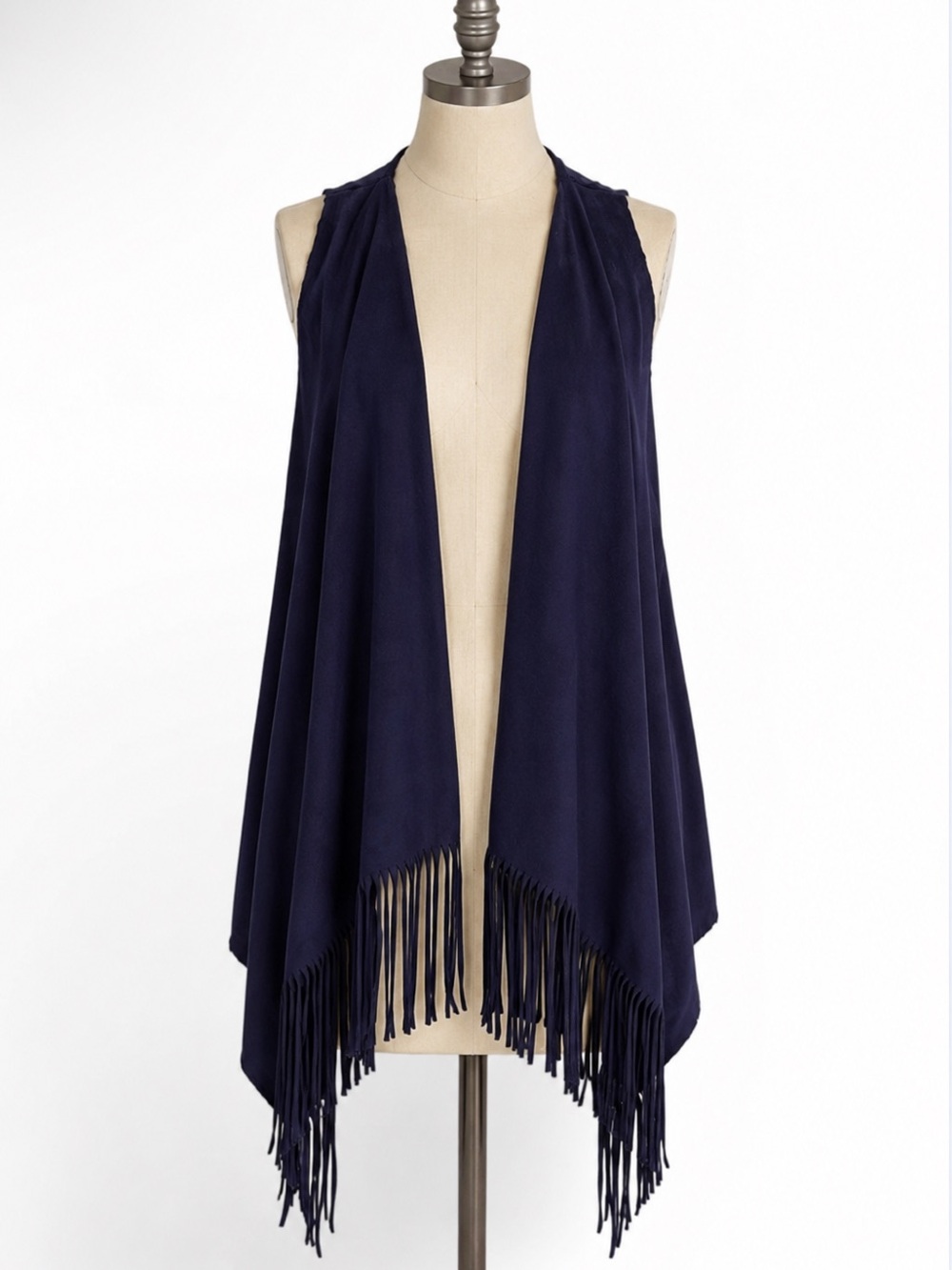 Navy Suede Fringe Open Vest